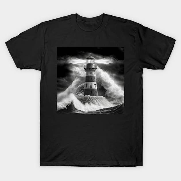 Life in Black and White, Lighthouse Waves T-Shirt by AICreateWorlds